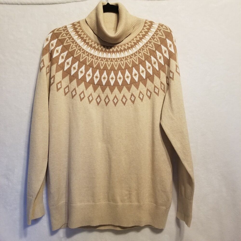 LL Bean L Sweater Turtleneck Cotton Cashmere Tan Fair Isle Nordic Cabincore NEW